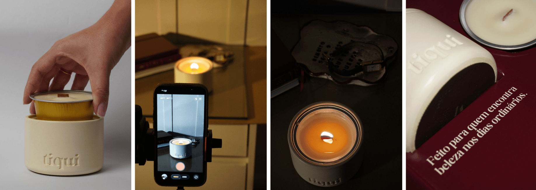 Uma colagem de fotos do universo da Tiqui: velas em cápsula, castiçais e o olhar de quem cria conteúdo com a marca.